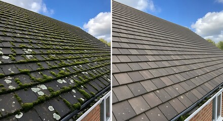Before and after image showcasing a house roof cleaned of moss and other grime, revealing the original slate tile color.