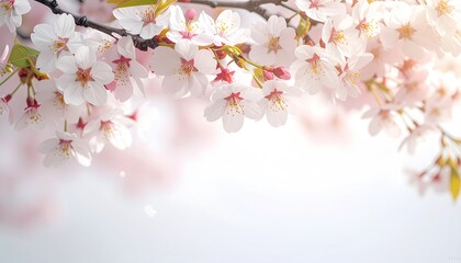 Fototapeta premium Delicate white and pink blossoms on a branch, bathed in sunlight with soft focus