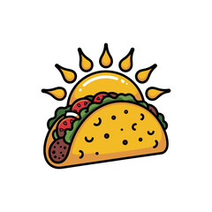 sunrise taco badge, morning rays behind shell, cheerful street food logo, fresh flavor branding, colorful vector design