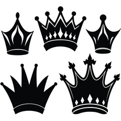 Set of five diverse black royalty crown silhouettes vector illustration eps scalable isolated on white background