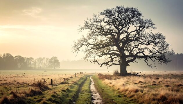 Lone tree stands tall in a misty, golden field at dawn.