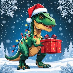 Joyful dinosaur wearing a santa hat celebrating christmas with gift and lights