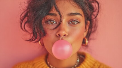 Young girl with red hair blowing pink bubble gum