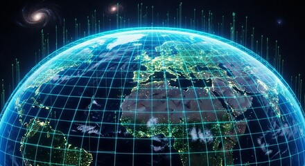 Globe with continents and city lights overlaid with a grid and data streams in a space setting