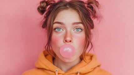 Young girl with red hair blowing pink bubble gum