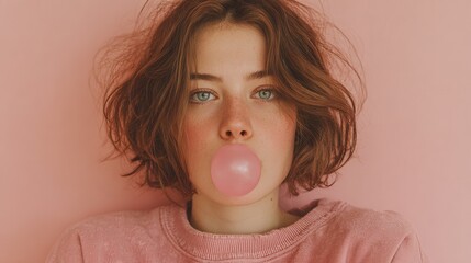 Young girl with red hair blowing pink bubble gum