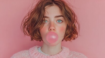 Young girl with red hair blowing pink bubble gum