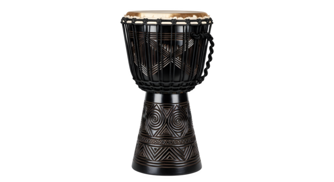Ornate djembe drum with intricate carvings isolated on transparent background, a percussion instrument for music, rhythm, and cultural expression in performances