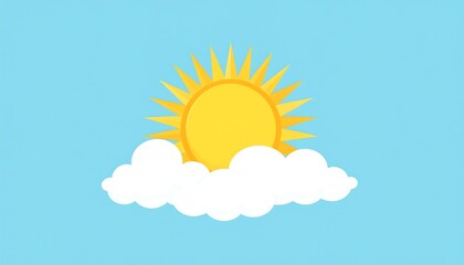 Cartoonish illustration featuring a sunny yellow disc with spiky rays peeking through fluffy white cumulus clouds against a baby blue sky