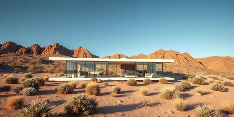 Sleek glass home nestled amongst desert landscape, showcasing minimalist design,   arid,  clean