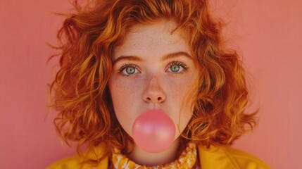 Young girl with red hair blowing pink bubble gum