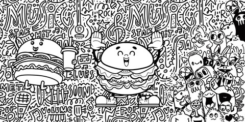 Doodler art burger and halloween ghost cartoon