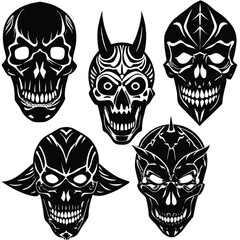 Set of five stylized skull illustrations vector graphics for graphic design and tattoos isolated on white background
