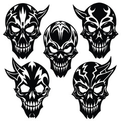 Tribal skull vector illustration set fearsome designs scalable eps for graphic projects isolated on white background