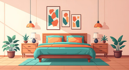 Cozy Bedroom Interior Design A Modern and Comfortable Living Space with Bed, Nightstands, Plants, and Abstract Art