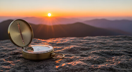 A golden compass rests on a rocky mountain peak during a beautiful, scenic sunrise over a distant mountain range.