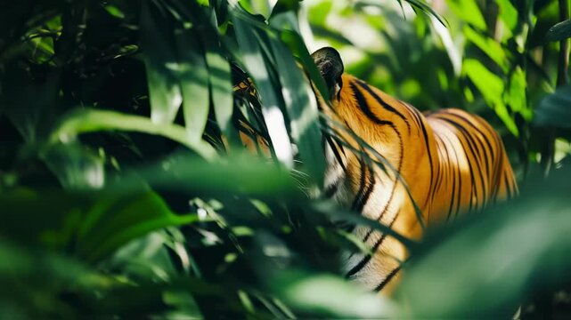Magnificent tiger peers from the depths of a lush, green jungle habitat, showcasing nature's beauty