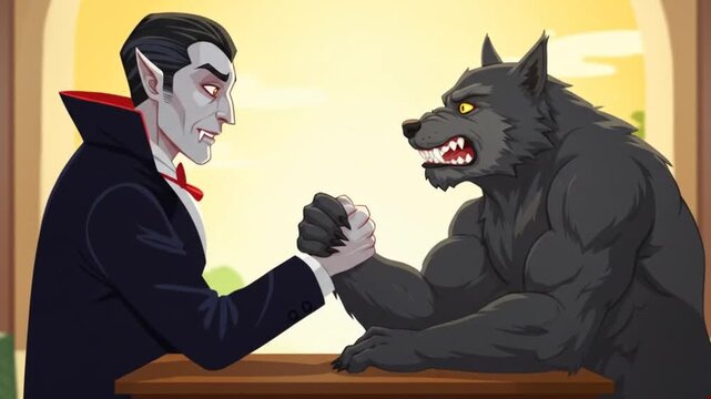 Cartoon Vampire Arm Wrestling a Wolfman Character in Daylight