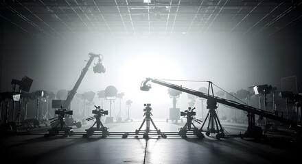A wide shot of a film set with various equipment and lighting, ready for filming.