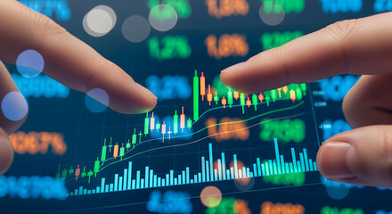 Fingers pointing at a stock market chart on a screen.