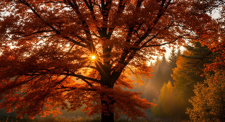 Stunning autumn scene featuring a large tree with vibrant orange leaves, sun shining through.