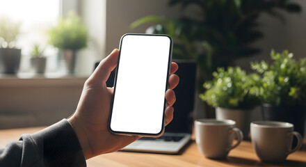 A person's hand holding a smartphone with a blank white screen, indoors near a window.