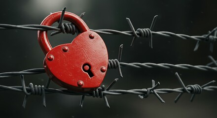 Symbolic representation of love's challenges heart shaped padlock entwined with barbed wire fence