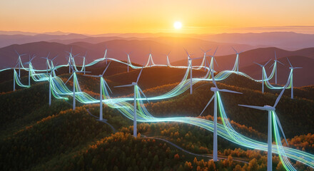 Wind turbines on a hill at sunset with glowing energy lines connecting them, symbolizing renewable power generation and smart grid technology.