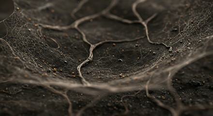 Intricate spiderweb pattern with delicate threads and dark background creates a fascinating
