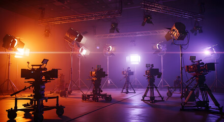 A professional television studio with multiple cameras, bright lights, and equipment ready for filming.