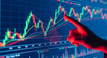 Financial chart analysis with a finger pointing at the screen.