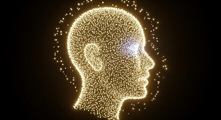 Artificial intelligence head made of glowing particles on black background