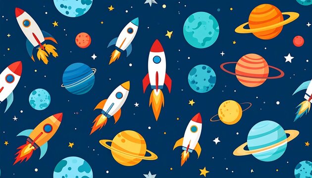 Cartoonish space background featuring rockets blasting off, surrounded by colorful planets and stars against a deep blue sky