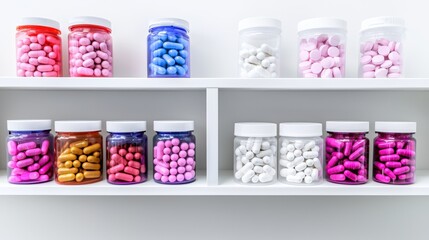 Modern and minimalist medication storage display, featuring a mix of open and closed containers on clean white shelves, spacious layout with