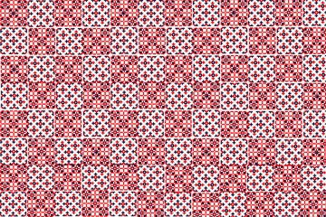 Seamless geometric red and white pattern with intricate floral and square motifs
