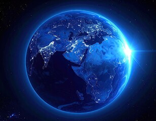 Abstract Pixelated Earth View From Space with Blue Glow and Night City Lights