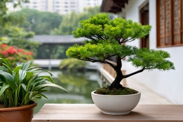 Bonsai tree on wooden table in peaceful garden