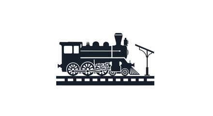 Classic steam locomotive icon on railroad tracks, a simple graphic illustration representing vintage travel and historical railway transportation. Perfect for design projects