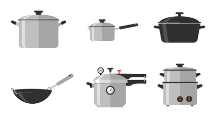 Collection of kitchenware including pots, pans, and a pressure cooker for cooking and culinary purposes