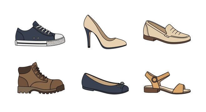 Vector illustrations of various men's and women's shoes sneakers, high heels, boots, flats, loafers, sandals. Essential footwear styles for diverse fashion