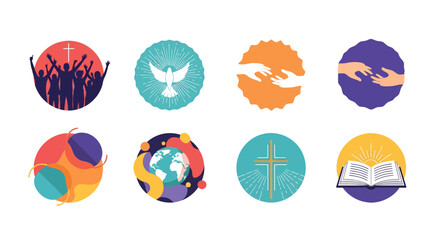 Diverse collection of spiritual and religious icons symbolizing faith, community, hope, and worship, perfect for Christian and interfaith concepts