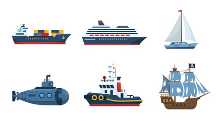 Comprehensive vector set of diverse water vessels. Includes cargo ship, cruise liner, sailboat, submarine, tugboat, and pirate ship. Ideal for marine transport concepts