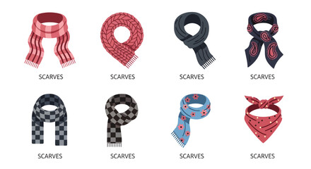 An elegant assortment of illustrated scarves, featuring a range of designs including checkered, floral, and solid patterns, ideal for fashion-related graphic projects