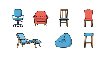 Modern flat design vector icons office chairs, armchairs, recliners, bean bags, dining chairs, and stools. Ideal for interior design and home decor