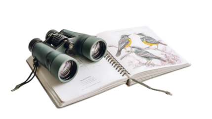 Binoculars resting on an open bird watching journal, isolated on transparent background