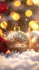 Golden Christmas Ornament on Snow with Bokeh Lights Vertical Still Life