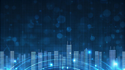 Fototapeta premium Futuristic City Skyline Blurred Bokeh Lights Glowing In Digital Background For Modern Illustration