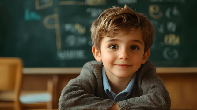 A close-up of a young pupil�s cute face while learning letters and numbers in the classroom, sitting near the blackboard. - Powered by Adobe