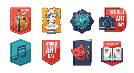 Vibrant collection of art-themed badges and cultural icons representing diverse creative expressions, perfect for celebrating artistic design, music, and performance