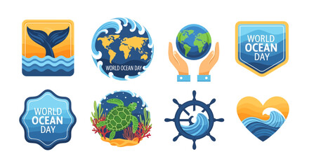 Vibrant Ocean Day Icons Set, dynamically blending marine elements and global symbols to whisk up awareness for vital conservation and aquatic ecosystem preservation